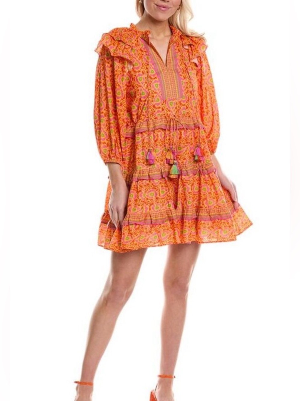 Bella Tu Orange Pink Floral Ruffle Tiered Mini Dress S Cotton Tassel Tie Boho